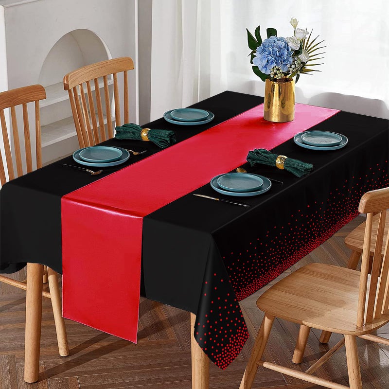 MASHAN 16Pack Disposable Plastic Party Tablecloths and Satin Table Runner Set Black and Red Dot Table Cloth Red Satin Table Runner for Wedding Birthday Baby Shower Anniversary Holiday Party Decorations - Image 4