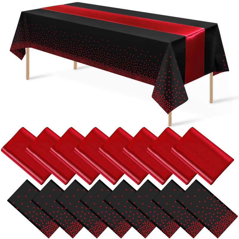 MASHAN 16Pack Disposable Plastic Party Tablecloths and Satin Table Runner Set Black and Red Dot Table Cloth Red Satin Table Runner for Wedding Birthday Baby Shower Anniversary Holiday Party Decorations - Image 1