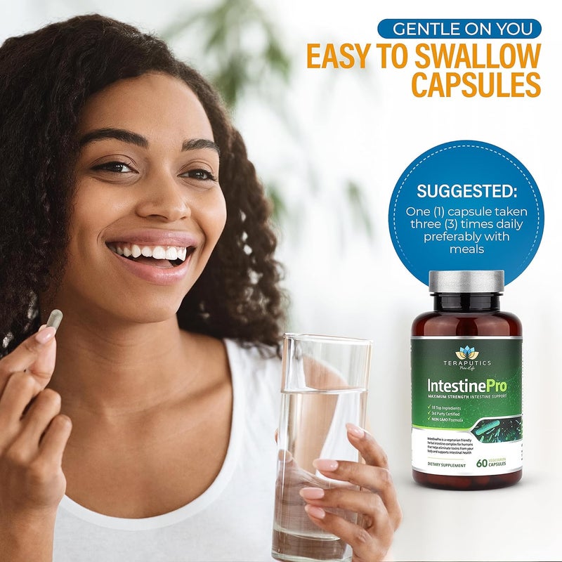 Teraputics مكمل صحة الأمعاء IntestinePro مع الشيح غير المعدل وراثيًا والجوز الأسود والقرنفل وبذور اليقطين و 14 مكونًا متميزًا آخر دعم طبيعي للبشر 60 كبسولة نباتية - Image 5