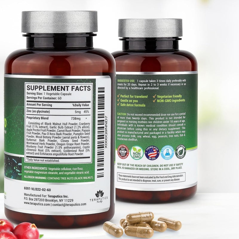 Teraputics مكمل صحة الأمعاء IntestinePro مع الشيح غير المعدل وراثيًا والجوز الأسود والقرنفل وبذور اليقطين و 14 مكونًا متميزًا آخر دعم طبيعي للبشر 60 كبسولة نباتية - Image 3