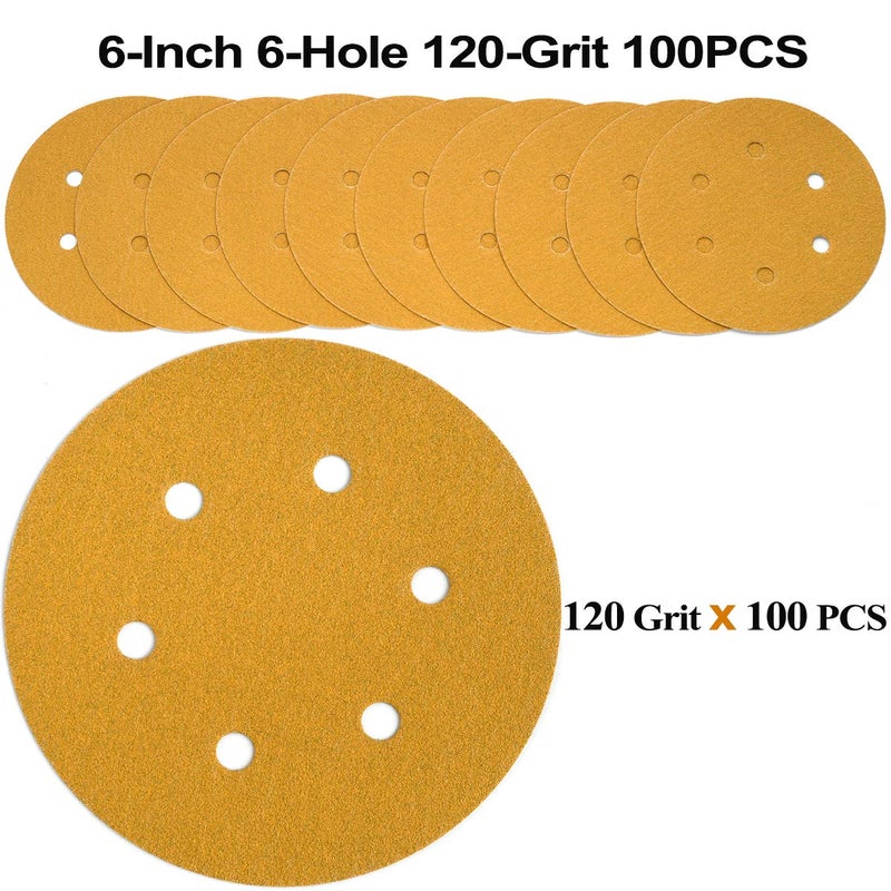 Aiyard 6-Inch 6-Hole Hook and Loop Sanding Discs 120-Grit, Random Orbital Sandpaper for Automotive and Woodworking, 100-Pack - Image 2