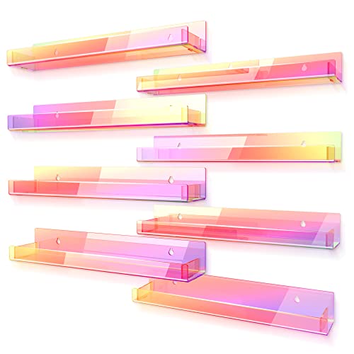 RORKIM 8 Pack 15 Inch Iridescent Acrylic Shelves, Clear Rainbow Kids Floating Bookshelf for Kids Room, Modern Sunglasses Essential Oil Picture Ledge Display Toy Storage Wall Shelf - Image 1