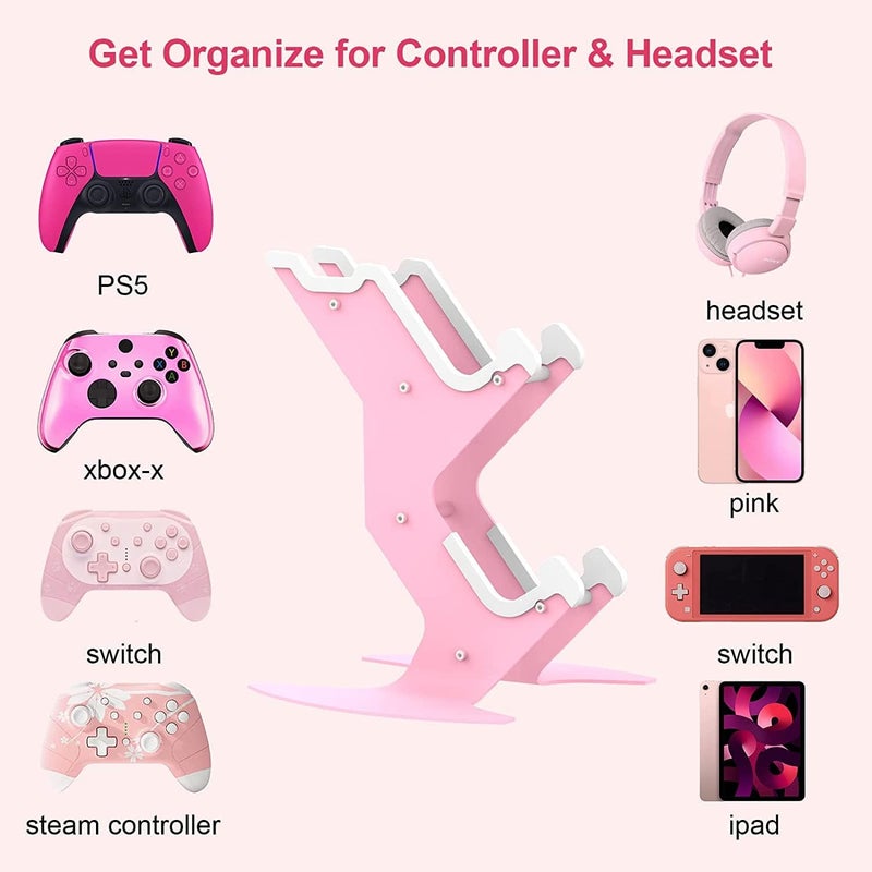 Controller Holder Pink, Game Controller Rack Stand for Xbox Series X S / Xbox One / PS5 / PS4 / Switch / PC, Aluminum Metal Headset Mount Universal Organizer for Video Game Accessories - Image 2