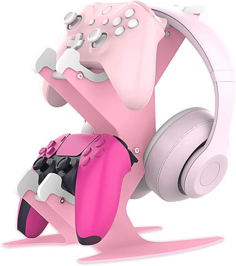 Controller Holder Pink, Game Controller Rack Stand for Xbox Series X S / Xbox One / PS5 / PS4 / Switch / PC, Aluminum Metal Headset Mount Universal Organizer for Video Game Accessories - Image 1
