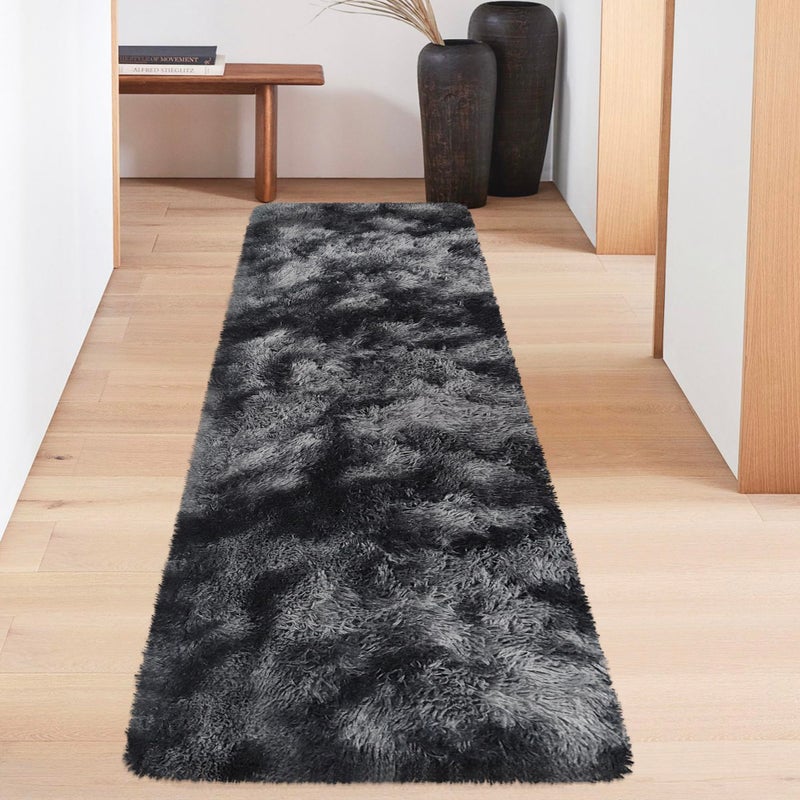 JiaoBaba Tie-Dyed Runner Rug for Bedroom Black Grey 2x6ft Fluffy Area Rug Bedside Runner Rug for Kids Room Boys Teens Nursery Baby Living Room Dorm Home Decor Carpets - Image 4