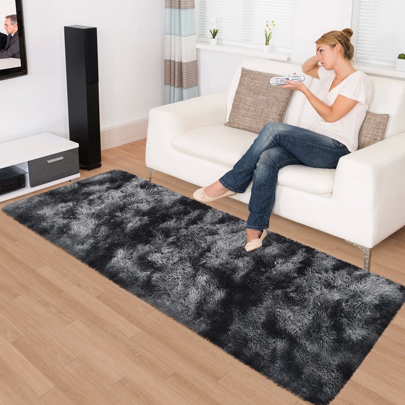 JiaoBaba Tie-Dyed Runner Rug for Bedroom Black Grey 2x6ft Fluffy Area Rug Bedside Runner Rug for Kids Room Boys Teens Nursery Baby Living Room Dorm Home Decor Carpets - Image 2