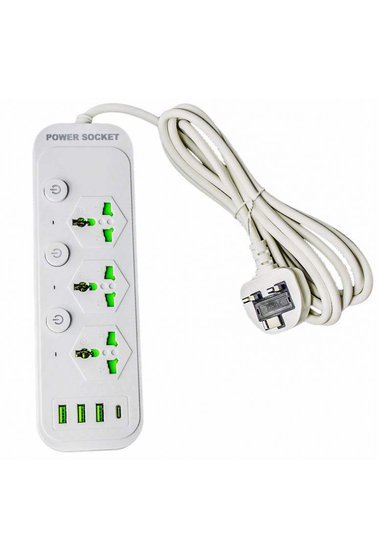 AL QADAH Heavy Duty Power Extension Cord 3 Outlets 3 USB Ports and 1 USB-C 3M Cable Overload Protection Flame Retardant Heat Resistant 150C White 3000W  - Image 1