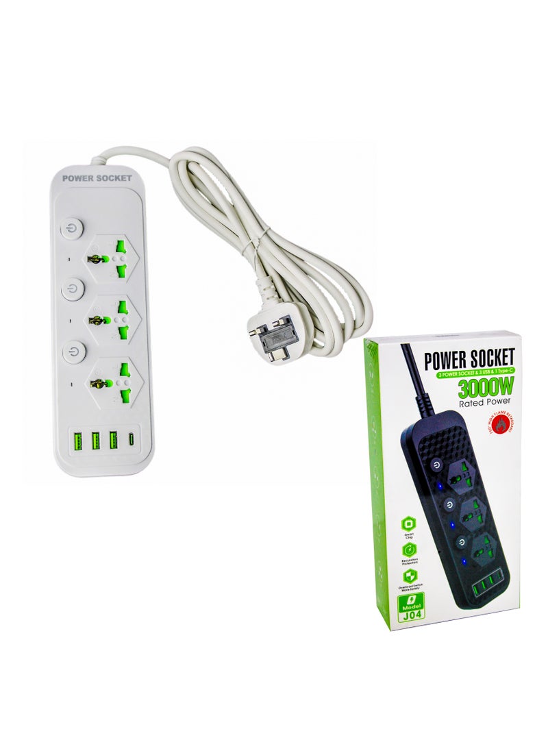 AL QADAH Heavy Duty Power Extension Cord 3 Outlets 3 USB Ports and 1 USB-C 3M Cable Overload Protection Flame Retardant Heat Resistant 150C White 3000W  - Image 5