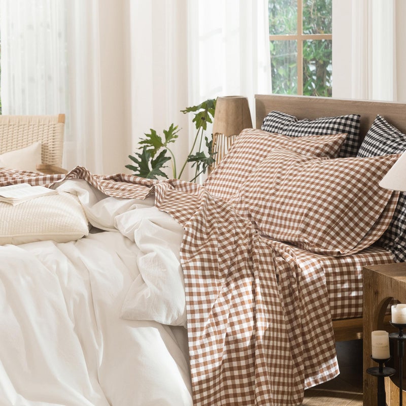 MooMee Gingham Sheet Set 100% Washed Cotton Linen Like Textured Breathable Soft w/ Fully Elasticized 16-19" Deep Pocket (Classic Gingham Dark Orange, Queen) - Image 1
