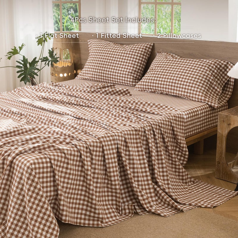 MooMee Gingham Sheet Set 100% Washed Cotton Linen Like Textured Breathable Soft w/ Fully Elasticized 16-19" Deep Pocket (Classic Gingham Dark Orange, Queen) - Image 2
