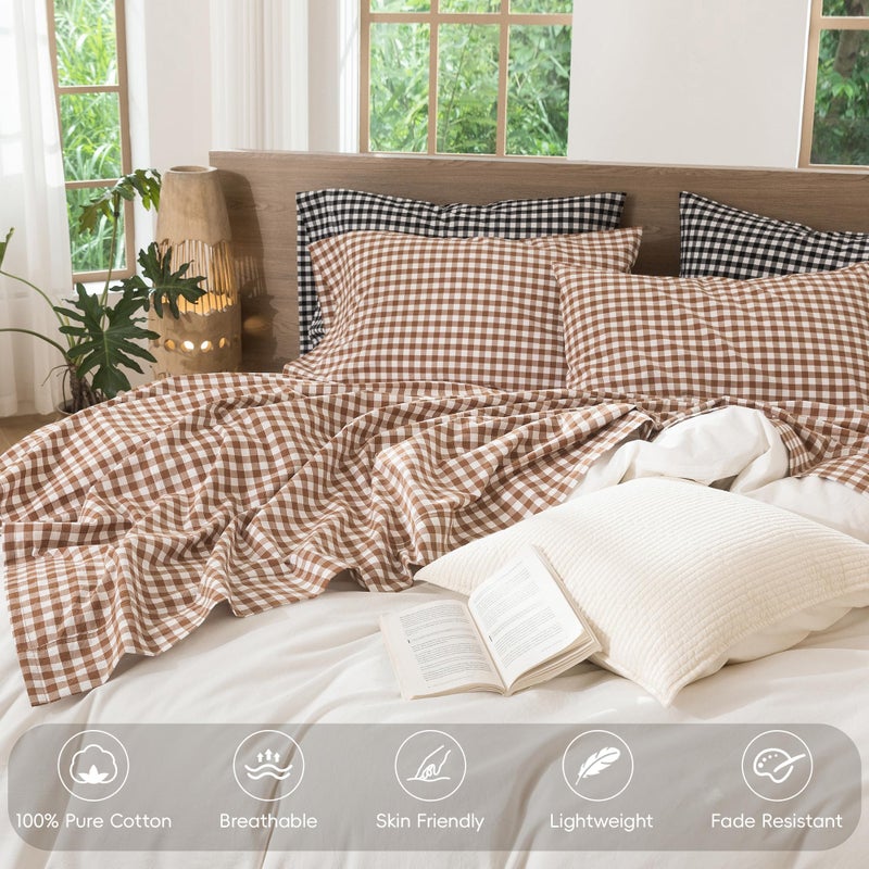 MooMee Gingham Sheet Set 100% Washed Cotton Linen Like Textured Breathable Soft w/ Fully Elasticized 16-19" Deep Pocket (Classic Gingham Dark Orange, Queen) - Image 4