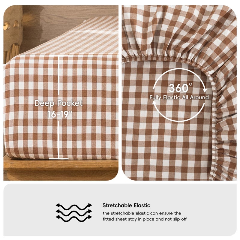 MooMee Gingham Sheet Set 100% Washed Cotton Linen Like Textured Breathable Soft w/ Fully Elasticized 16-19" Deep Pocket (Classic Gingham Dark Orange, Queen) - Image 5