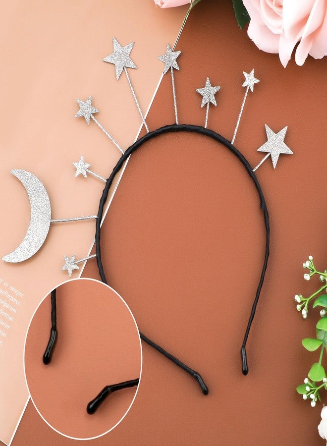 XIHIRCD طوق رأس على شكل نجمة وقمر من قطعتين من XIHIRCD، طوق رأس هالة فضي لامع على شكل نجمة، طوق شعر من سبيكة معدنية على شكل نجمة لامعة، إكسسوار شعر على شكل نجمة إلهة للفتيات والنساء، مناسب لحفلات أعياد الميلاد، وأزياء رمضان، وحفلات الزفاف. - Image 3