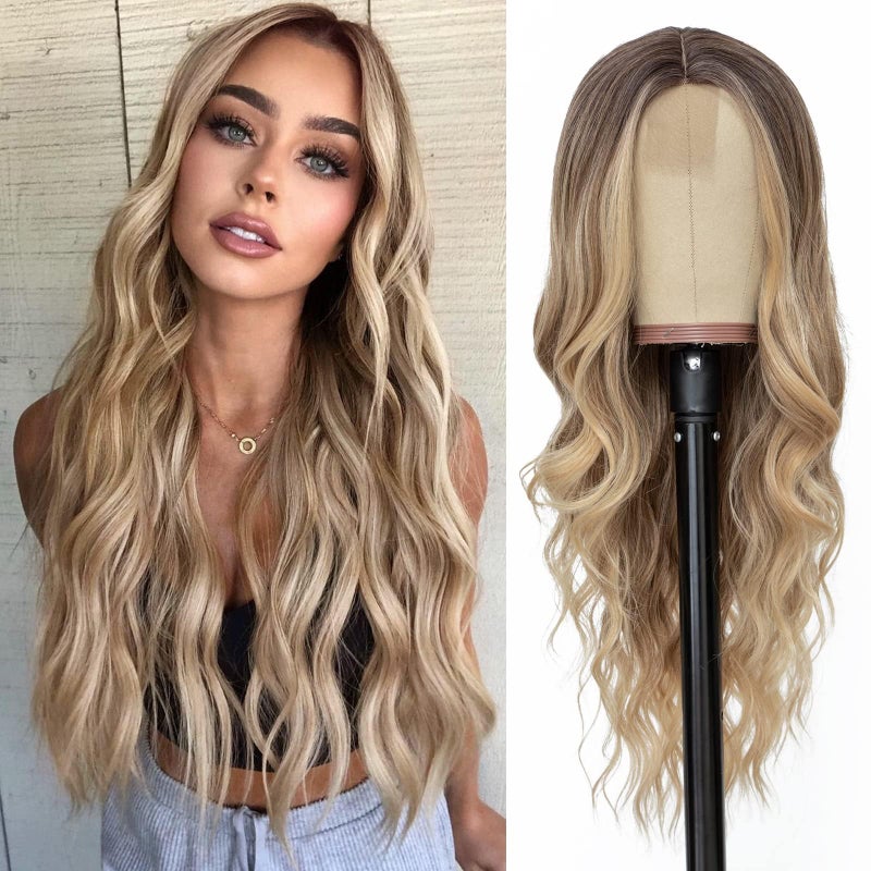 NAYOO Long Ombre Blonde Wavy Wig for Women 26 Inch Middle Part Curly Wavy Wig Natural Looking Synthetic Heat Resistant Fiber for Daily Party Use Ombre Blonde