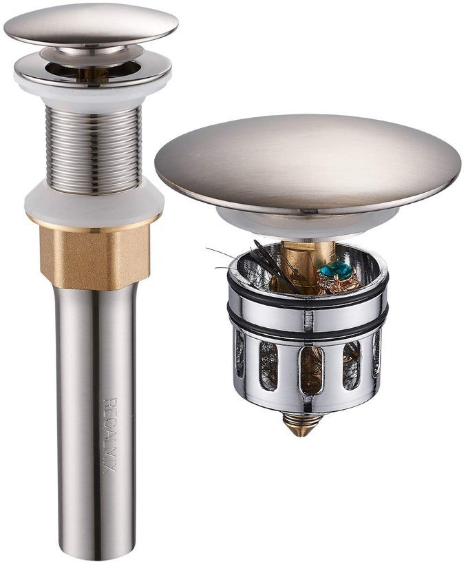 BATHROOM SINK DRAIN VESSEL SINK POP UP DRAINBUILTIN ANTICLOGGING STRAINER SINK DRAIN ASSEMBLY WITHOUT OVERFLOW BRUSHED NICKEL112 TO 134 RWF082B