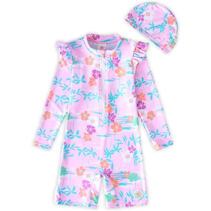 بدلة سباحة للبنات واحدة قطعة مع قبعة - Image 1