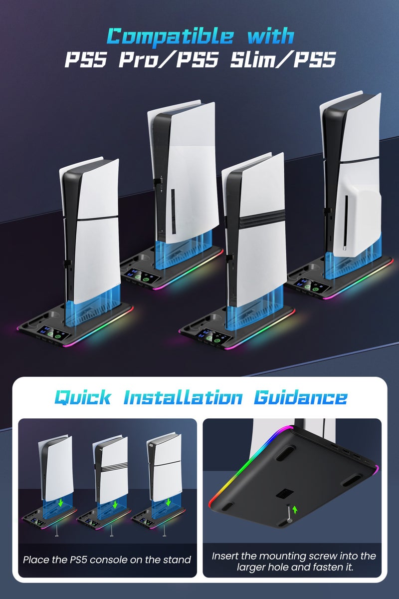 اكسيموس حامل ومروحة تبريد لجهاز PS5 مع محطة شحن مزدوجة لوحدات التحكم، تتضمن شاحن وحدة التحكم، مروحة تبريد، إضاءة RGB LED وموزع USB (متوافق مع PS5/PS5 سليم/نسخة PS5 برو) باللون الأسود - Image 2