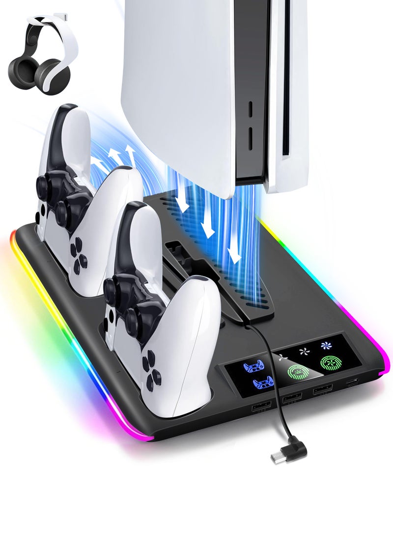 اكسيموس حامل ومروحة تبريد لجهاز PS5 مع محطة شحن مزدوجة لوحدات التحكم، تتضمن شاحن وحدة التحكم، مروحة تبريد، إضاءة RGB LED وموزع USB (متوافق مع PS5/PS5 سليم/نسخة PS5 برو) باللون الأسود - Image 1