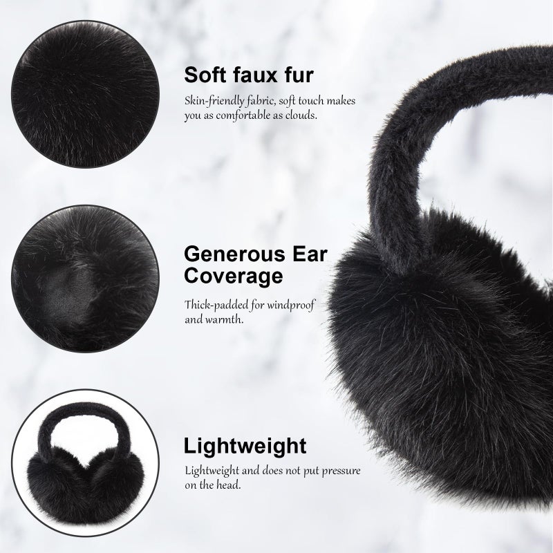 WATAME Earmuffs for Women Girls Faux Fur Fuzzy Headband Foldable Ear Covers Cold Weather Accessory (Black) - Image 5