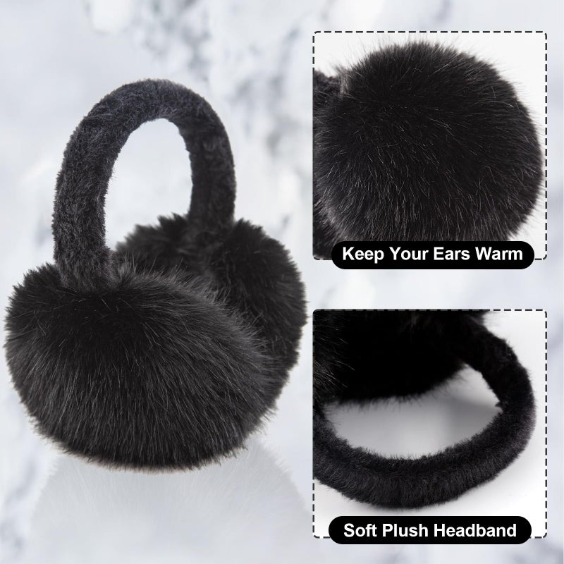 WATAME Earmuffs for Women Girls Faux Fur Fuzzy Headband Foldable Ear Covers Cold Weather Accessory (Black) - Image 3