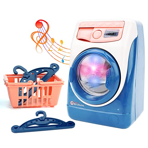 deAO Washing Machine Toy for Kids Dollhouse Furniture Pretend Play Household Appliance Realistic Sounds with Lights Laundry Play Set with Rotatable Roller for Children Birthday Present… - Image 1