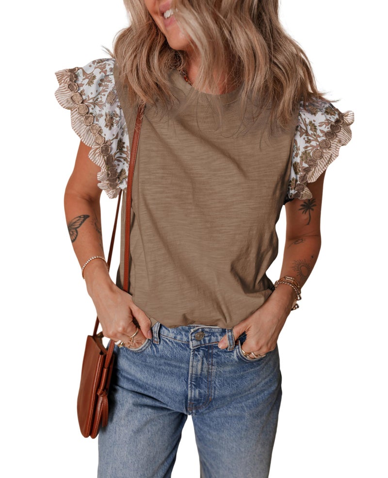 SELINK Womens Summer Ruffle Short Sleeve Top Crewneck T Shirts Floral Trim Casual Blouses Brown-S - Image 1