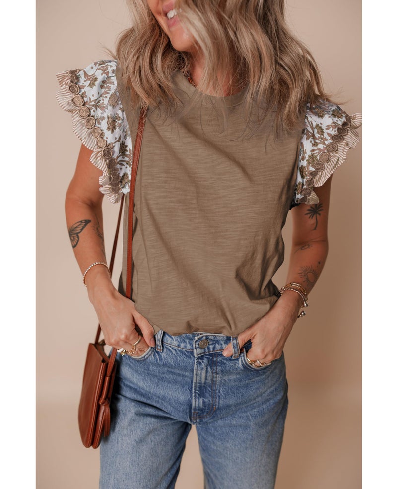 SELINK Womens Summer Ruffle Short Sleeve Top Crewneck T Shirts Floral Trim Casual Blouses Brown-S - Image 2