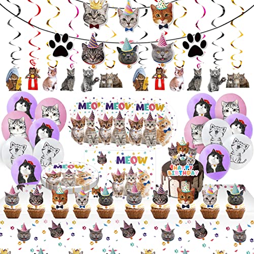 Juhap 96Pcs Cat Party Supplies Kitten Decorations Includes Plates Napkins Table Covers Cake Toppers Balloons Cat Banners Swirls for Meow Kitty Theme Party Supplies - Image 1