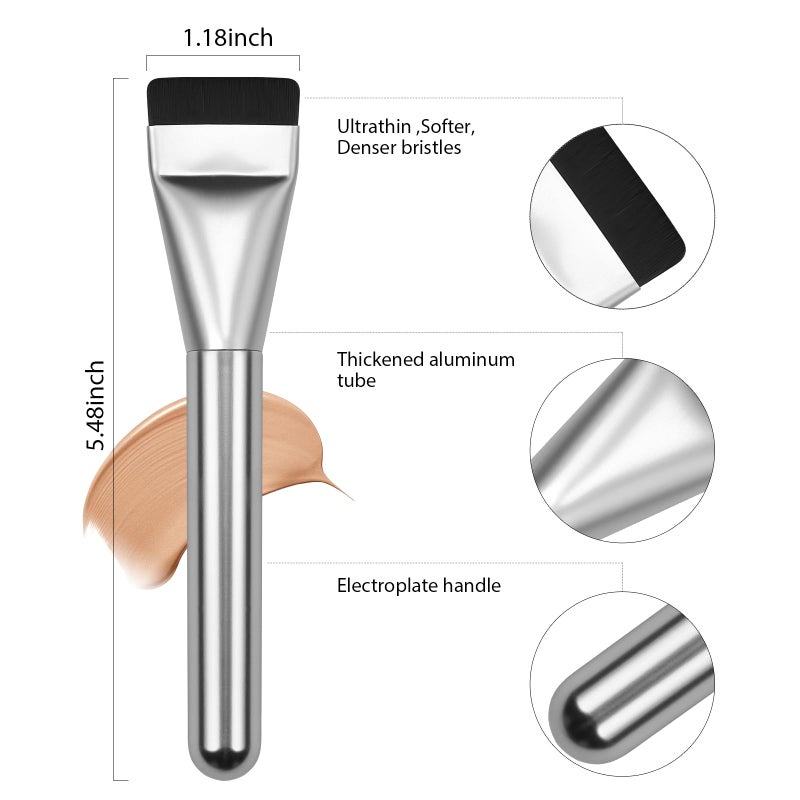 BEAUTYFACTOR 2Pcs Flat Foundation Brush,Face Mask Brush Makeup Spatula Facial Brush for Liquid Foundation Mask,Premium Face Korean Makeup Brush for Blending Cream (Silver&Silver) - Image 2