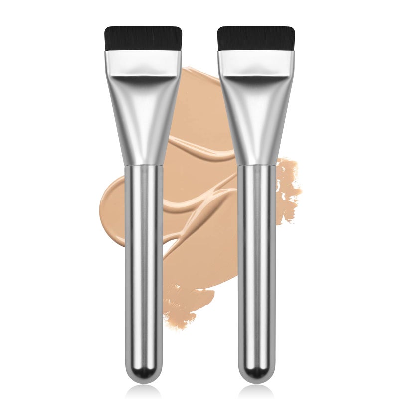 BEAUTYFACTOR 2Pcs Flat Foundation Brush,Face Mask Brush Makeup Spatula Facial Brush for Liquid Foundation Mask,Premium Face Korean Makeup Brush for Blending Cream (Silver&Silver) - Image 1