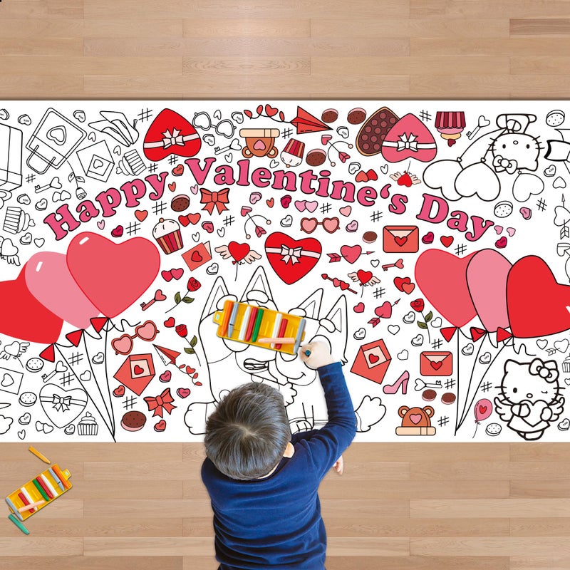 JXSDWANG Valentines Giant Coloring Tablecloth,Valentines Day Crafts for Kids - 72x30 Inches, Paper Coloring Banner Games Activities Gifts Party Decorations - Image 1