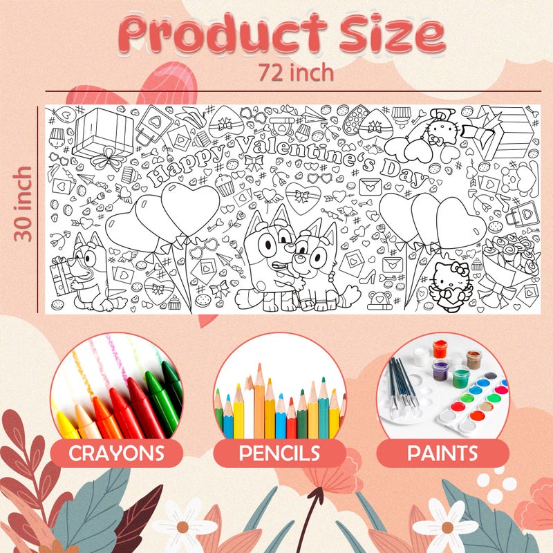 JXSDWANG Valentines Giant Coloring Tablecloth,Valentines Day Crafts for Kids - 72x30 Inches, Paper Coloring Banner Games Activities Gifts Party Decorations - Image 2