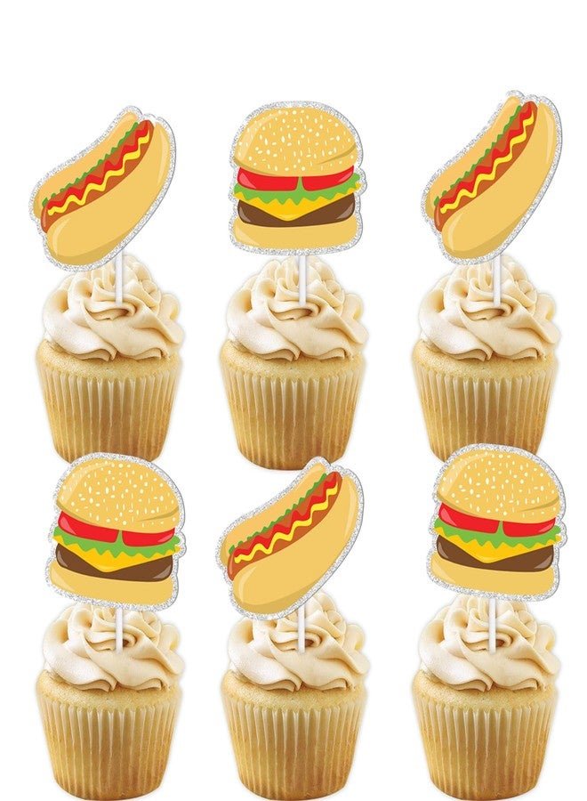 LETLIMIT 18pcs Gold Glitter Dessert Cupcake Topper Foody Fast Food Hot Dog Bun Bread Hamburger Dachshund Theme Decor Supplies Baby Shower Boy Girl Happy Birthday Decorations - Image 1