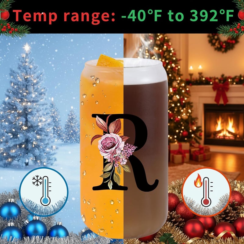 Wulcea Monogrammed Glass Drinking Cup With Lid Straw Women Happy Birthday Christmas Xmas Day Holiday for Female Teacher Aunt Big Small Sister in Law Mother Stepmother Weding Groom Bride Officiant Gift,R - Image 3