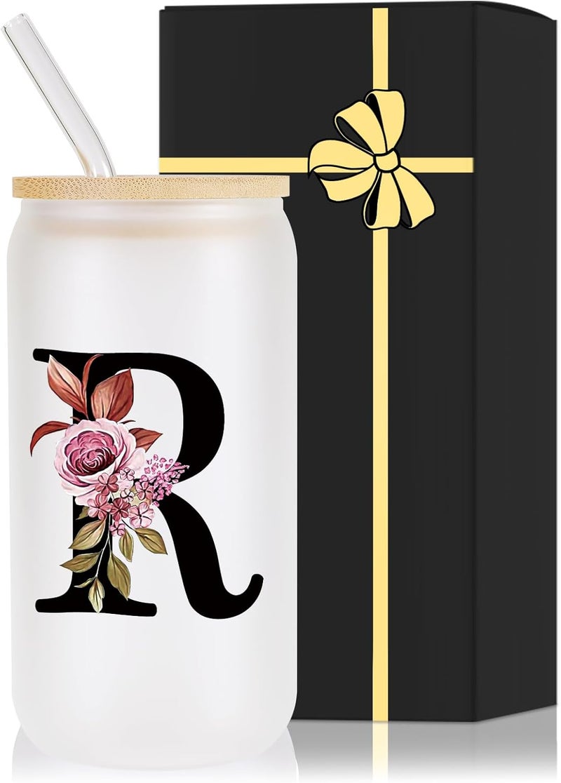 Wulcea Monogrammed Glass Drinking Cup With Lid Straw Women Happy Birthday Christmas Xmas Day Holiday for Female Teacher Aunt Big Small Sister in Law Mother Stepmother Weding Groom Bride Officiant Gift,R - Image 1