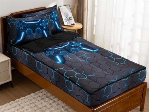 NTBED Gamer Printed Zipper Bedding Sets Twin for Kids Boys Lightweight Microfiber Geometric Comforter Set with Fitted Sheet Pillow CoversBlue - Image 1