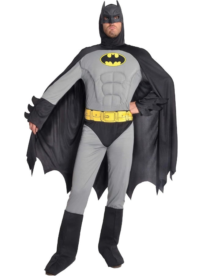 Ciao Batman Adult Muscle Costume Grey Size L | Official DC Comics Superhero Outfit with Padded Muscle Jumpsuit, Cape, Mask, Belt & Overboots - Image 1