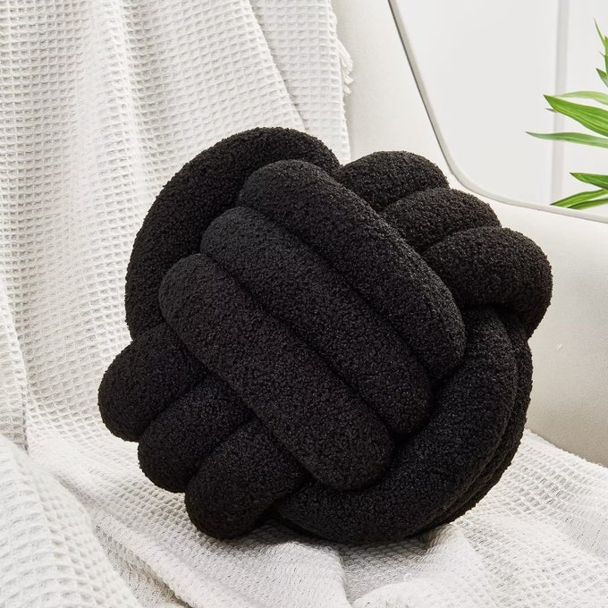 KNOT PILLOW BALL SOFT HOME DECORATIVE PILLOWS ROUND THROW PILLOW HANDMADE KNOTTED PLUSH PILLOW ROUND BOUCLE PILLOW CUSHION 14 INCHES BLACK