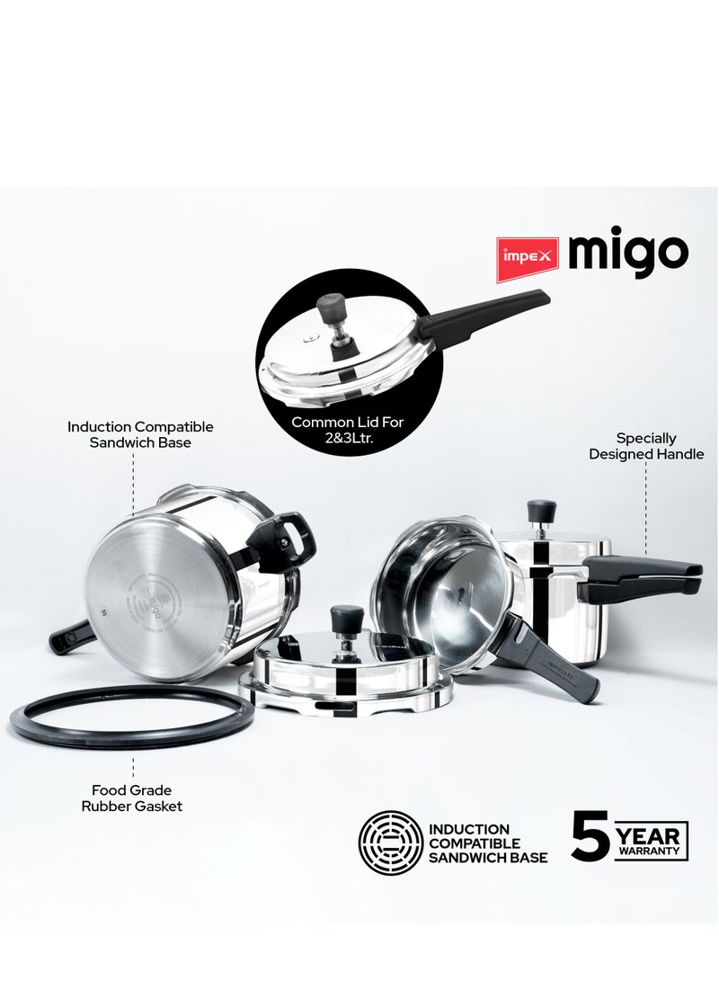 إمبكس ميغو طقم قدر ضغط من الستانلس ستيل - 5 لتر، 3 لتر، 2 لتر | غطاء خارجي | متوافق مع الغاز والحث الحراري | قاعدة مقاومة للانتفاخ | صمام أمان خالٍ من الرصاص | كفاءة حرارية عالية | قاعدة ساندويتش | IFC 235SS - Image 2