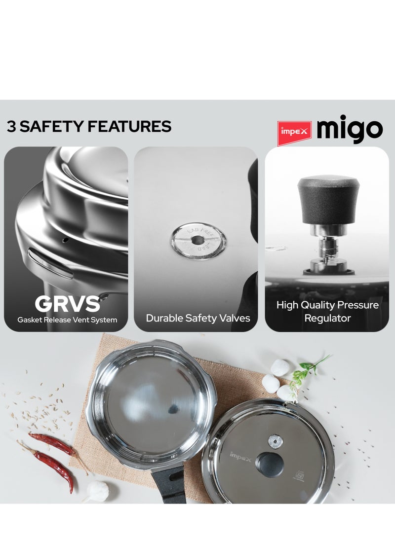 إمبكس ميغو طقم قدر ضغط من الستانلس ستيل - 5 لتر، 3 لتر، 2 لتر | غطاء خارجي | متوافق مع الغاز والحث الحراري | قاعدة مقاومة للانتفاخ | صمام أمان خالٍ من الرصاص | كفاءة حرارية عالية | قاعدة ساندويتش | IFC 235SS - Image 3