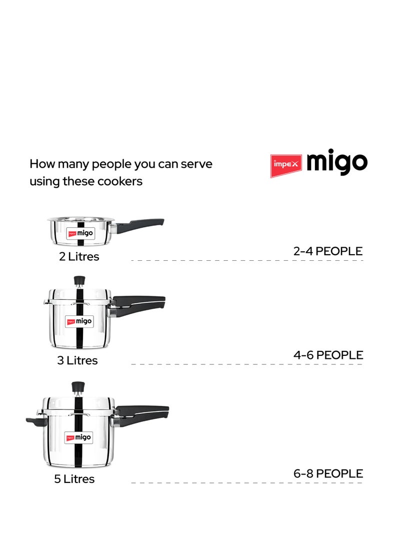 إمبكس ميغو طقم قدر ضغط من الستانلس ستيل - 5 لتر، 3 لتر، 2 لتر | غطاء خارجي | متوافق مع الغاز والحث الحراري | قاعدة مقاومة للانتفاخ | صمام أمان خالٍ من الرصاص | كفاءة حرارية عالية | قاعدة ساندويتش | IFC 235SS - Image 4