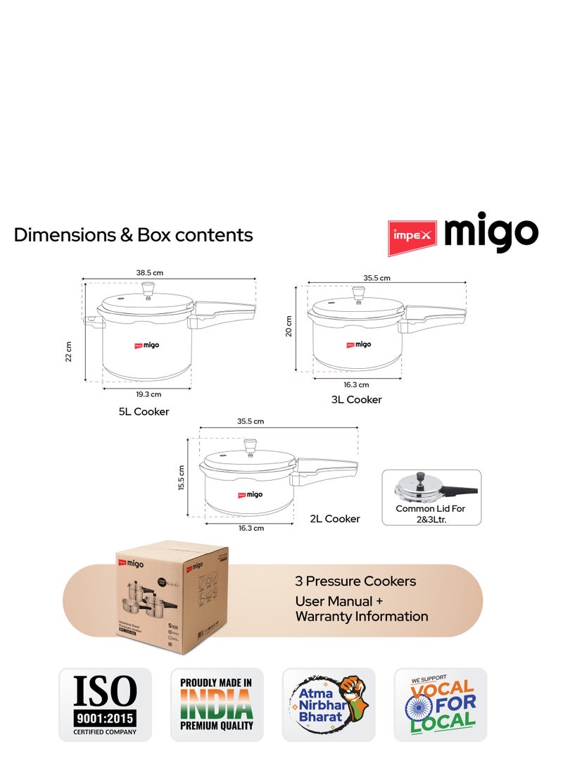 إمبكس ميغو طقم قدر ضغط من الستانلس ستيل - 5 لتر، 3 لتر، 2 لتر | غطاء خارجي | متوافق مع الغاز والحث الحراري | قاعدة مقاومة للانتفاخ | صمام أمان خالٍ من الرصاص | كفاءة حرارية عالية | قاعدة ساندويتش | IFC 235SS - Image 5