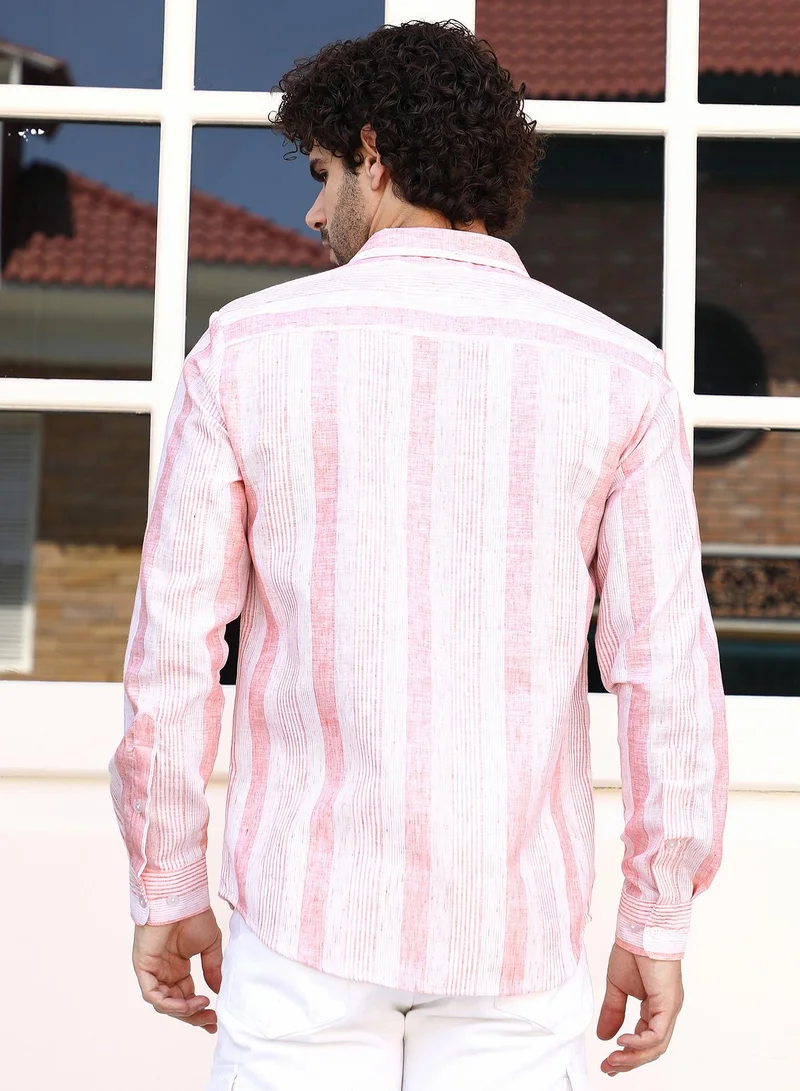 Campus Sutra Men's Apricot Orange Pincandy-Striped Regular Shirt