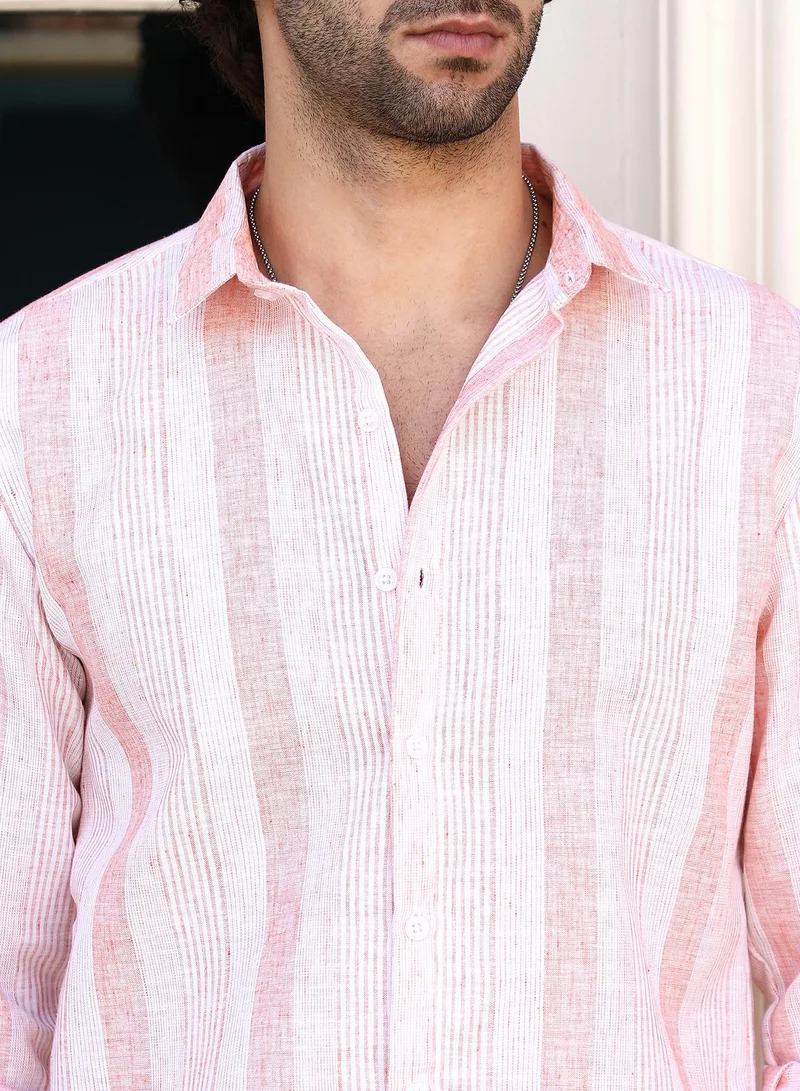 Campus Sutra Men's Apricot Orange Pincandy-Striped Regular Shirt