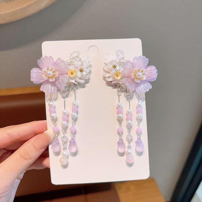 Generic New Antique Childrens Hairpin Hanfu Ancient Clothes Hair Accessories Cute Girls Tassel Flower Hairpin Little Girls Super Fairy Clip 03# purple coral tassel pair