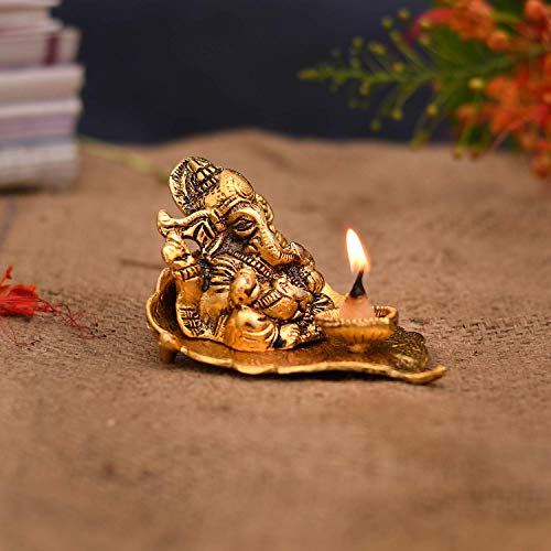 NOBILITY Ganesha on Leaf Statue Gold Ganesh Idol with Diya for Home Office Pooja Puja Diwali Decorative Wedding Return Gift Items - Image 3