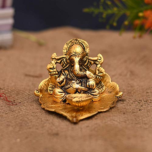 NOBILITY Ganesha on Leaf Statue Gold Ganesh Idol with Diya for Home Office Pooja Puja Diwali Decorative Wedding Return Gift Items - Image 4