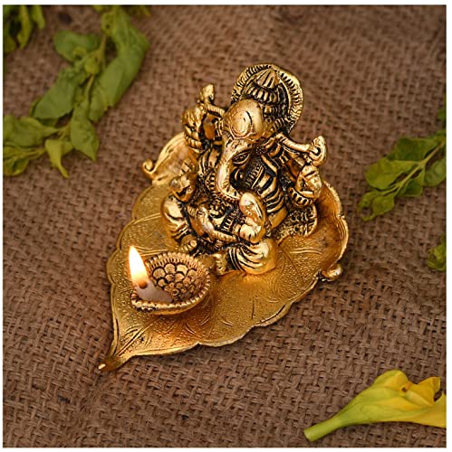 NOBILITY Ganesha on Leaf Statue Gold Ganesh Idol with Diya for Home Office Pooja Puja Diwali Decorative Wedding Return Gift Items - Image 1
