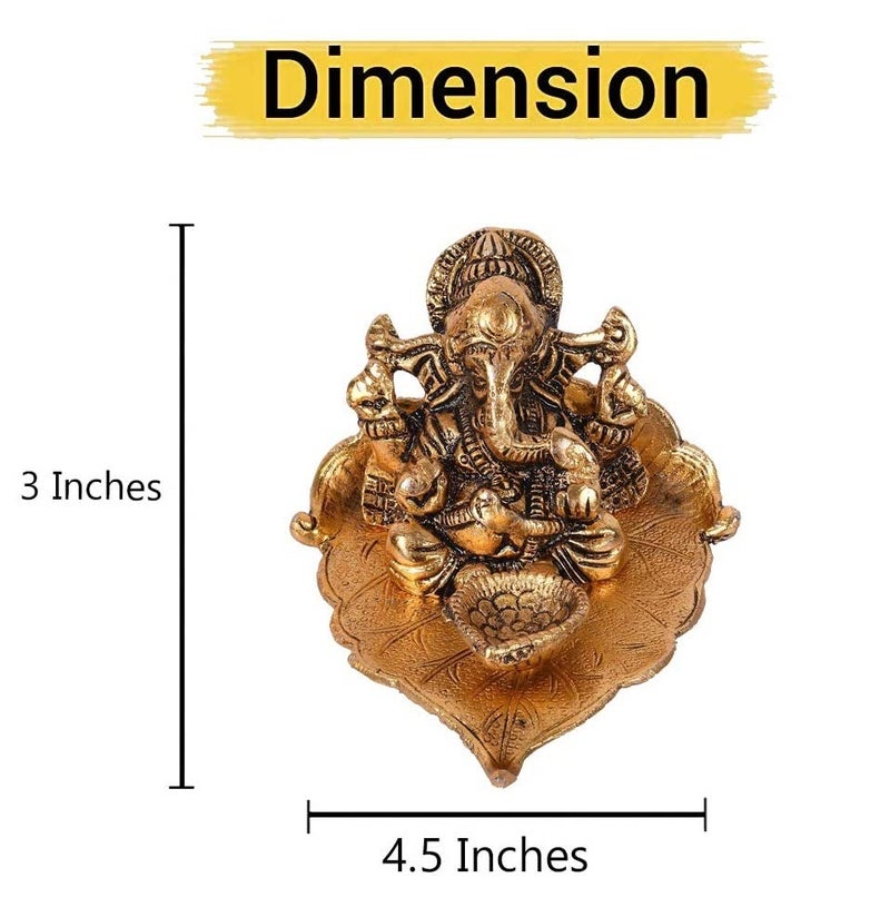 NOBILITY Ganesha on Leaf Statue Gold Ganesh Idol with Diya for Home Office Pooja Puja Diwali Decorative Wedding Return Gift Items - Image 2