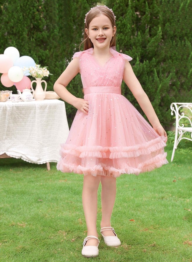 ODOLDI Kids Girls Sequins Dress Sleeveless Star Sequins Ruffle Tulle Tutu Dress Ball Gown Wedding Flower Girl Pink 5-6 Years - Image 2